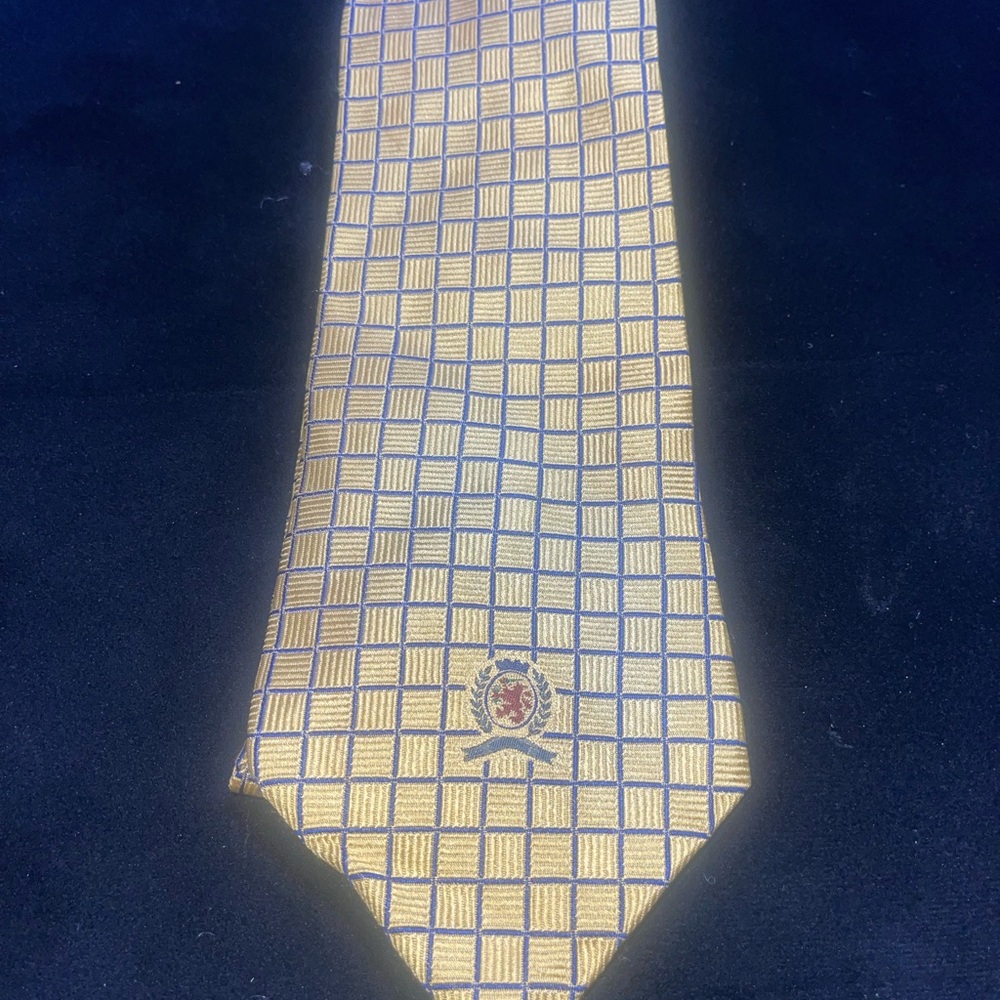 Tommy Hilfiger Gold and Blue Checkered Tie